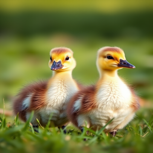photograph of two ducklings standing on grass, shallow depth of field, soft natural lighting, focus on the ducklings, ISO 200, f/2.8, 1/500 sec, 50mm lens, DSLR camera, taken at eye level