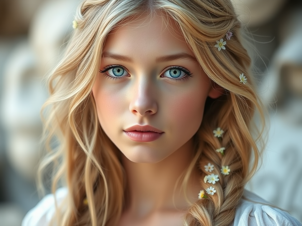 Create an image of a young Eurasian woman with long, wavy blonde hair, adorned with small, colorful flowers woven into her braids and loose strands. Her complexion is fair, with soft, glowing skin, and she has light blue eyes that gaze softly at the viewer. She wears a light, flowing dress with a gentle, ethereal quality, complementing her delicate and serene appearance. The background is slightly blurred, drawing focus to her tranquil expression and the intricate details of the flowers in her hair. The overall mood of the image is one of natural beauty and grace, evoking a sense of peacefulness and connection with nature.