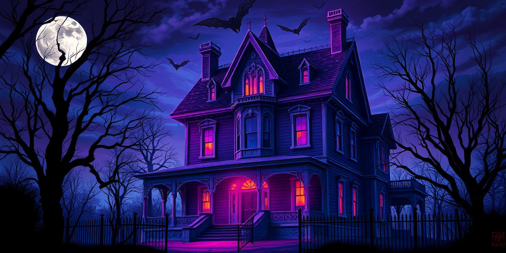 Generate a vibrant, spooky illustration of a haunted house at night, capturing intricate details of the architecture with a purple and blue color palette, full moon and bats in the sky, f1.8 aperture, 24mm lens, ISO 100, HDR style photography.