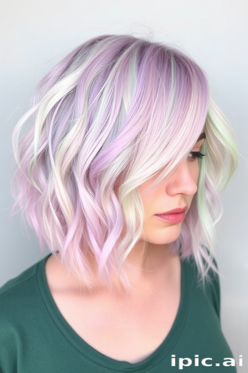 Whimsical Watercolor Bob featuring a soft blend of pastel pink, lavender, and mint green hues in a chin-length cut with tousled, textured waves