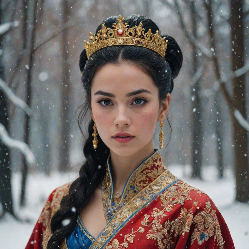 A young woman with long black hair styled in a high bun, adorned with a gold crown and intricate hair ornaments, stares intently at the viewer. She wears a vibrant red and gold embroidered robe with blue accents, a gold belt with a large ornate buckle, and a blue and gold shoulder piece. The woman is positioned in the center of the frame, with the background blurred and filled with falling snow. The image has a soft, ethereal feel with a focus on the woman's face and attire, creating a portrait-like composition. The colors are rich and saturated, with the red, gold, and blue of the clothing standing out against the muted blue and white of the snowy backdrop. The lighting is soft and diffused, casting a warm glow on the woman's face.  The overall mood is elegant and mysterious.  The details of the woman's attire, especially the intricate embroidery and embellishments, add a sense of opulence and grandeur.  The falling snow further enhances the sense of winter magic and wonder.