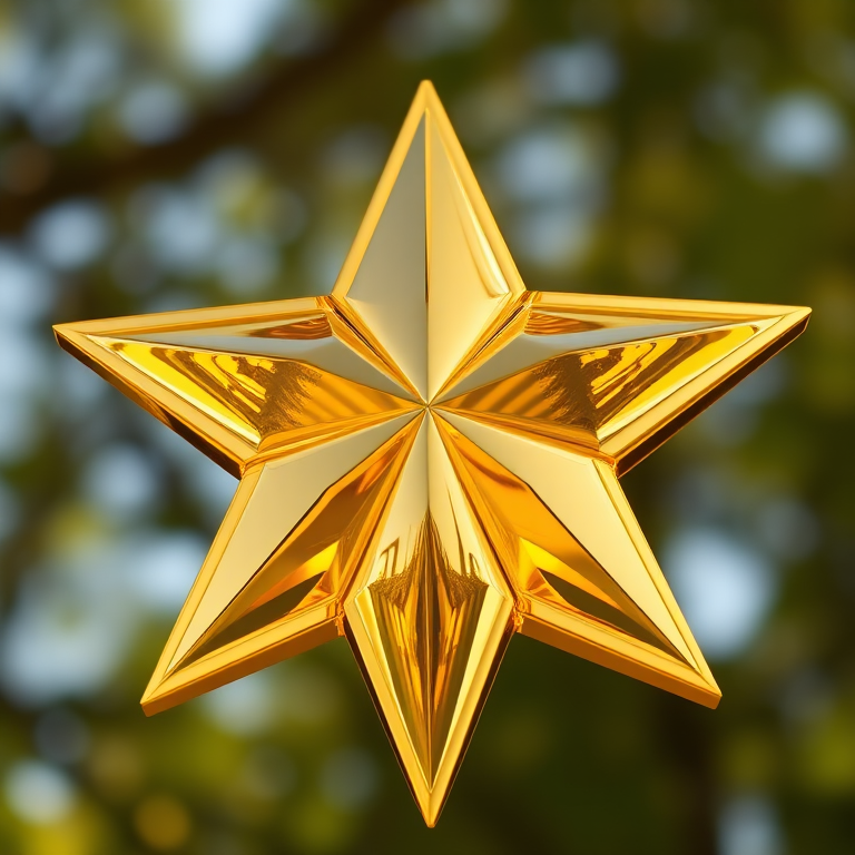 Generate a high-resolution 3D golden star with smooth reflections, using a DSLR camera with a 50mm lens, aperture set to f/1.8, ISO 100, natural lighting, shot from a slight upward angle for depth.