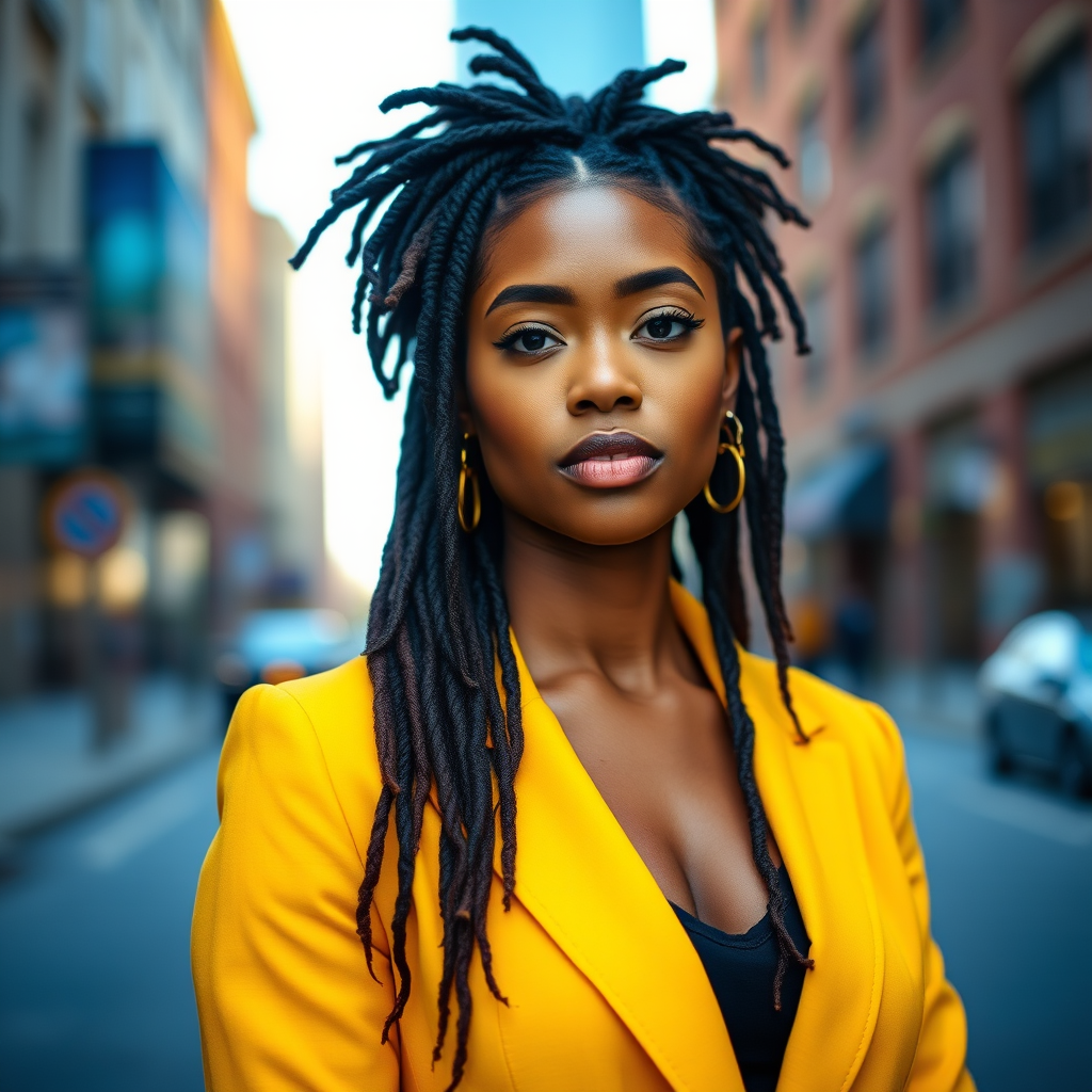 portrait of a confident woman with styled dreadlocks wearing a vibrant yellow blazer standing in an urban setting with blurred background, natural light, aperture f/1.8, shutter speed 1/200s, ISO 100, DSLR, 50mm lens, shallow depth of field, vibrant colors