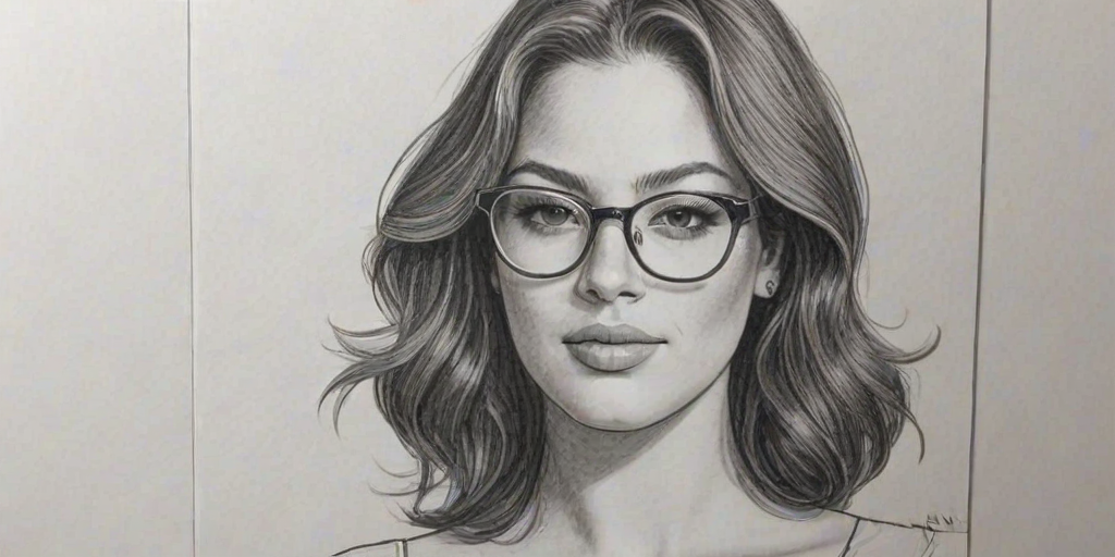 Radiant Ashley Graham, pencil sketch, portrait of Charming woman 1973s in glasses, hair style beatnik, outline, clear lines, fine lines, 8k