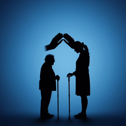 Create an image of a symbolic representation of care for the elderly, featuring two silhouetted figures: an older person with a cane and a caregiver, with hands forming a protective dome above them, using a soft blue gradient background, set with a Canon EOS R5, 50mm lens, aperture f/8, ISO 100, shot in a high dynamic range style to enhance clarity and detail.