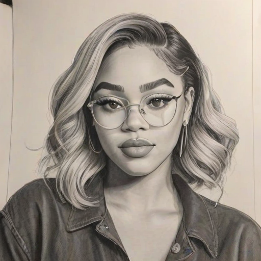 Appealing Jordyn Woods, pencil sketch, portrait of Superb woman 1965s in glasses, hair style beatnik, outline, clear lines, fine lines, 8k