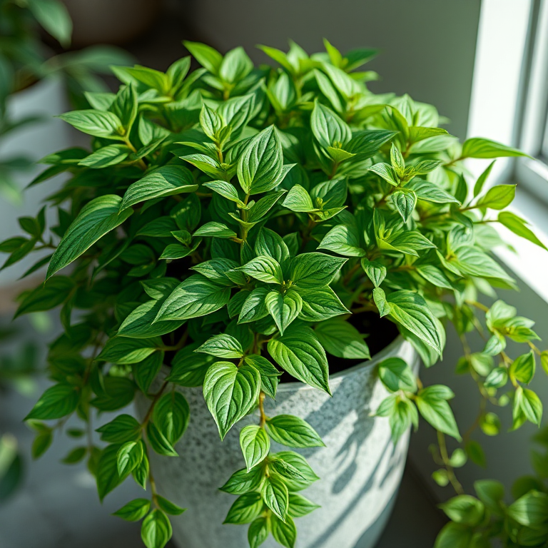 Generate a highly detailed 3D render of a lush green plant in a concrete planter, utilizing a DSLR camera with a 50mm lens at f/2.8, ISO 100, 1/200s exposure, in natural light, from a slightly elevated angle viewing down at 45 degrees to enhance texture and foliage depth.