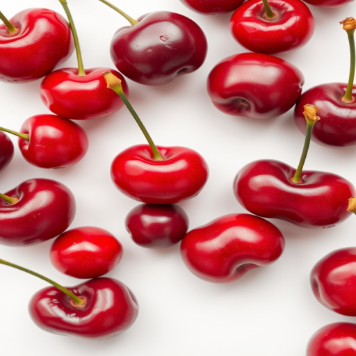 high-resolution image of shiny red cherries on a clean white background, macro lens, f/2.8 aperture, 50mm focal length, soft natural lighting, top-down view, DSLR camera