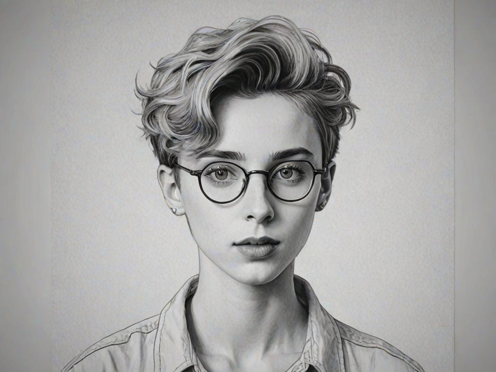 Superb Troye Sivan, pencil sketch, portrait of Fascinating woman 1924s in glasses, hair style beatnik, outline, clear lines, fine lines, 8k