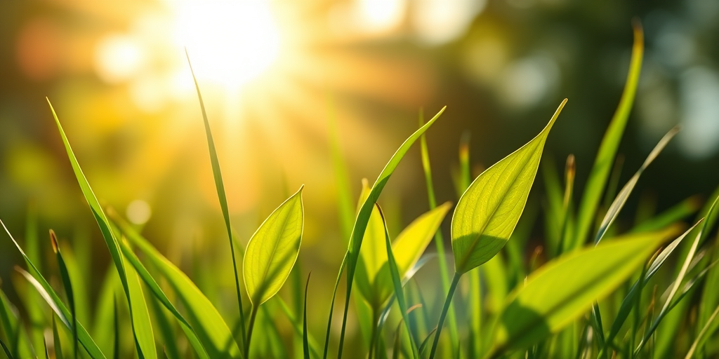 Generate a vibrant green botanical illustration with stylized leaves and grass in the foreground against a sunburst background, using a DSLR camera with a 50mm lens, aperture set to f/8, ISO 100, and a shallow depth of field for a crisp focus on the leaves.
