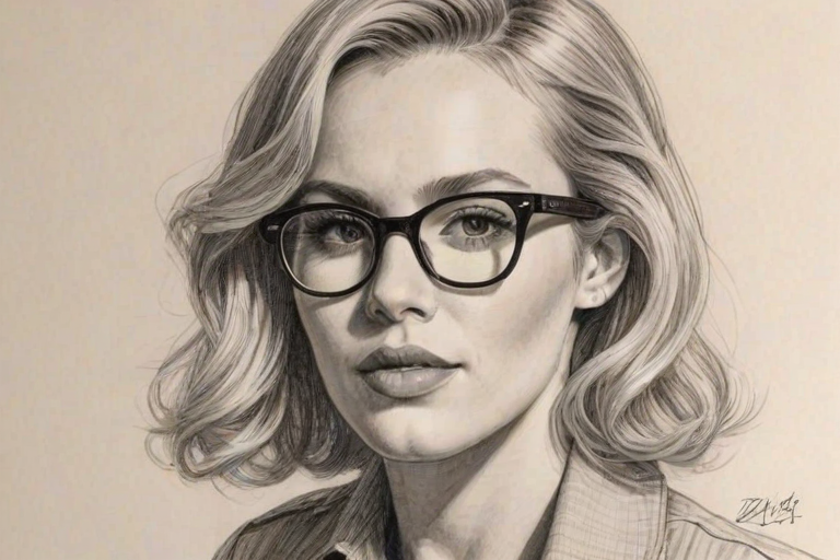 Resplendent Natasha Bedingfield, pencil sketch, portrait of Superb woman 1944s in glasses, hair style beatnik, outline, clear lines, fine lines, 8k