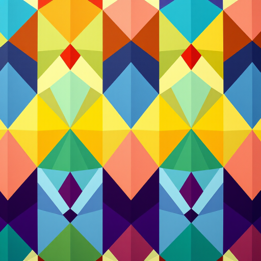 Create a vibrant geometric pattern featuring colorful diamonds arranged in a repeating sequence with a high-contrast color palette, shot with a DSLR camera at f/8 aperture, ISO 100, using a 50mm lens, top-down view and soft natural lighting to enhance depth and texture.