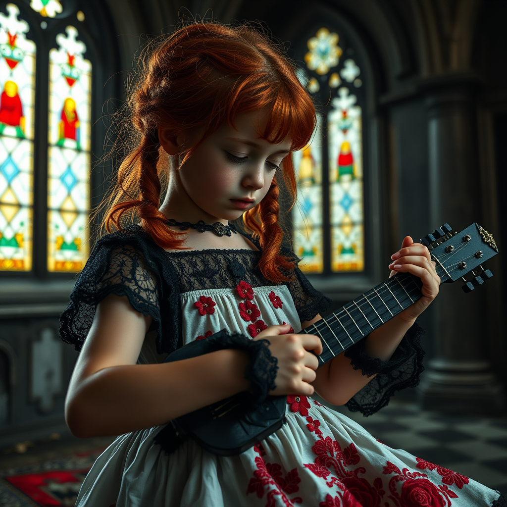 Close up realistic photo of a sad gothic little girl playing (instrument), red hair messy pigtails, black lace white dress with red detailed embroidery, abandoned gothic room with stained glass, closed eyes, horror cinematic lighting, dark fantasy, 4k, hdr,  uhd, detailed dress
