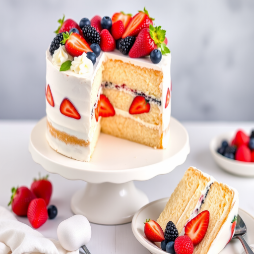 A beautifully layered vanilla cake with fresh strawberries, blueberries, and blackberries on top, decorated with whipped cream, sitting on a white cake stand, with a slice served on a plate alongside additional berries and a spoon.
