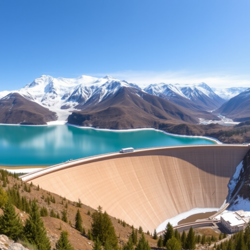 high-resolution panoramic landscape of a snowy mountain range with a serene turquoise lake and a dam in the foreground, captured with a DSLR camera at f/8 aperture, ISO 100, shutter speed 1/200s, in natural daylight with a wide-angle lens for enhanced depth and clarity