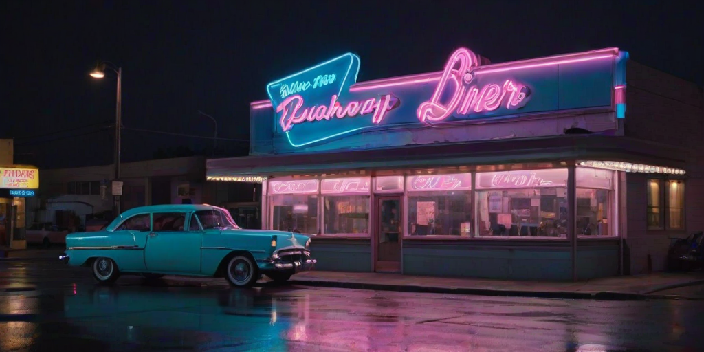 Warmly lit photo of an old-fashioned diner at night, neon signs glowing in soft pink and blue hues, with a classic car parked out front and soft reflections of streetlights on the wet pavement.