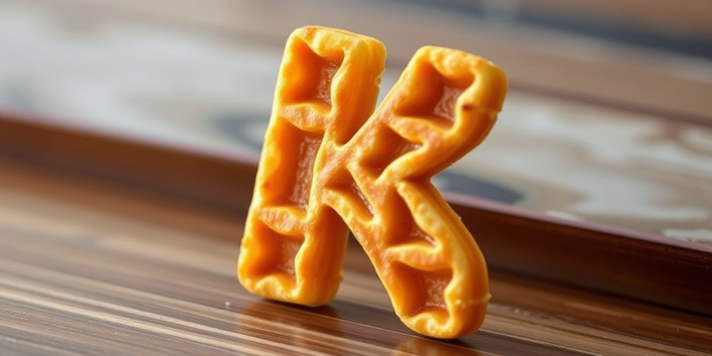 Create a high-resolution image of a stylized waffle letter "K" in a playful design, shallow depth of field, shot with a 50mm lens at f/2.8, natural lighting, using a DSLR camera from a slight overhead angle to enhance texture and color vibrancy.