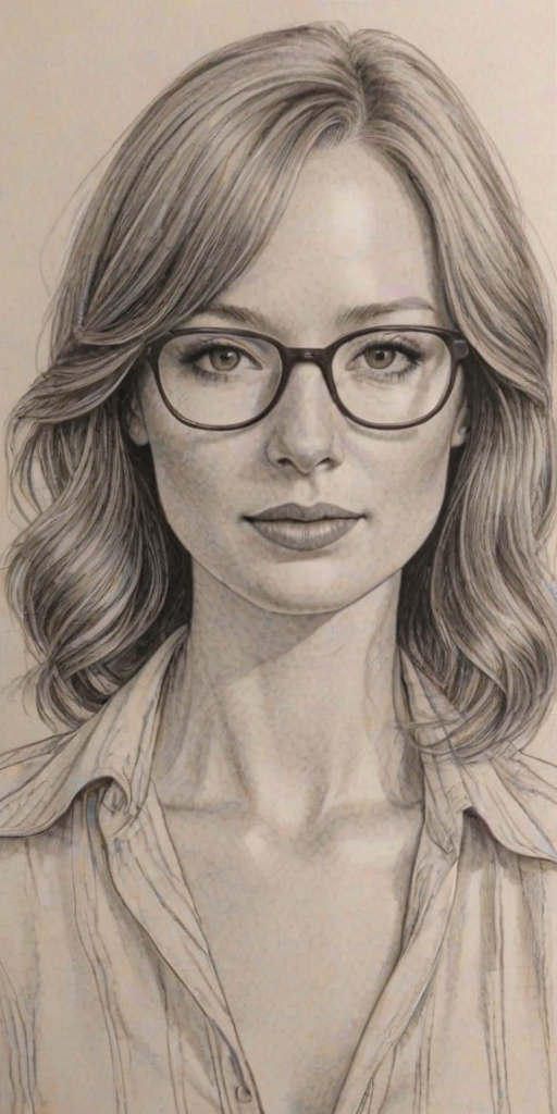 Appealing Alicia Witt, pencil sketch, portrait of Enticing woman 1973s in glasses, hair style beatnik, outline, clear lines, fine lines, 8k