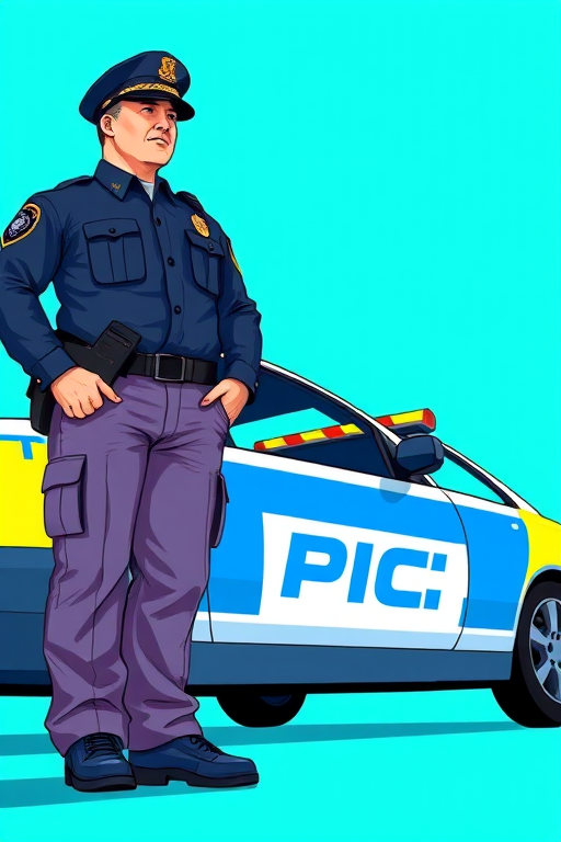 Create an illustration of a police officer standing next to a police car with a bright blue background, using a digital art style, shot from a low-angle perspective, with high resolution settings of 300 DPI, and a focus on vibrant colors and sharp details.