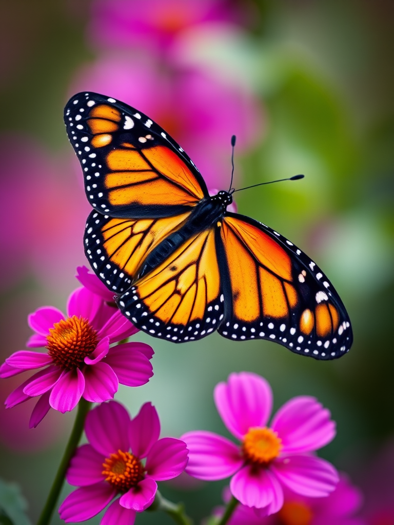 Generate an image of a monarch butterfly perched on a vibrant flower. The butterfly should display its characteristic orange and black wings with white spots. The background should be softly blurred to emphasize the butterfly and the flower.