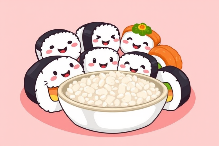 Generate a cute illustration of sushi with smiling faces, featuring various types of sushi rolls and a bowl of sushi rice, in a minimalistic style with a soft pink background, using a Canon EOS 5D Mark IV, aperture f/2.8, shutter speed 1/60 sec, ISO 100, taken from a top-down view with a shallow depth of field.