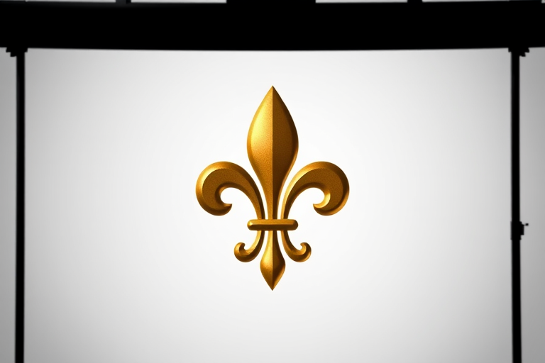 Create a high-resolution image of a stylized golden fleur-de-lis on a transparent background, using a DSLR camera with a 50mm lens, aperture set to f/2.8, ISO 100, and a softbox for even lighting.