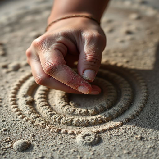 Close-up shot of a hand creating art on a textured surface using sand, low aperture f/2.8, shutter speed 1/100s, ISO 200, natural light, DSLR camera, macro lens.