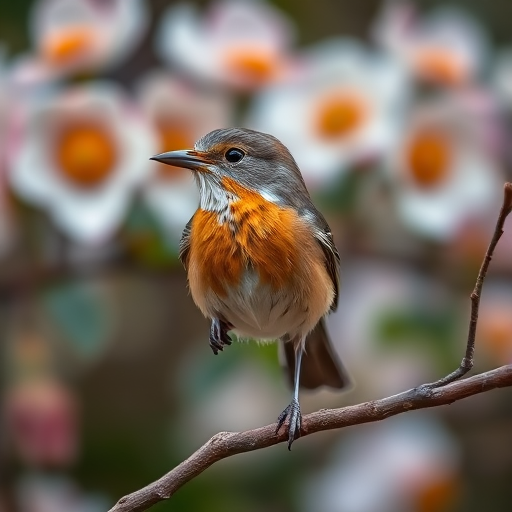 high-quality close-up of a bird perched on a branch with a blurred floral background, aperture f/2.8, shutter speed 1/200s, ISO 400, macro lens, natural light, DSLR camera