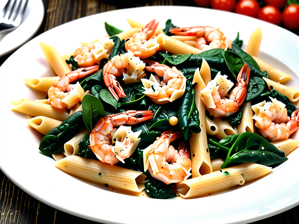 cheese shrimp penne pasta & spinach