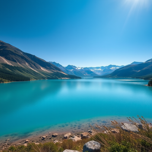 Create an image of a serene landscape featuring a tranquil lake surrounded by mountains under a clear blue sky, captured with a Canon EOS R5, 24mm lens, f/8 aperture, 1/125s shutter speed, ISO 100, wide-angle view, in vibrant colors and high dynamic range.