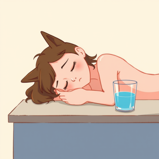 Create an illustration of a person with cat ears sleeping on a table with a glass of blue water beside them, in a minimalistic style, shot with a Canon EOS R5 at f/2.8, ISO 100, 35mm focal length, natural lighting to enhance color saturation and detail.