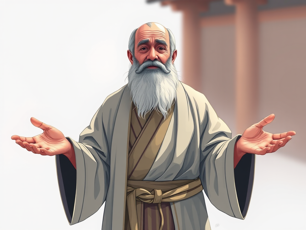 Create a high-resolution illustration of a bearded old man in traditional robes, standing with open hands in a welcoming gesture, captured with a 50mm lens at f/2.8, using a soft natural light setup, in a digital art style.