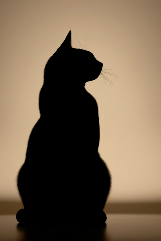 Create a high-resolution illustration of a stylized black silhouette of a cat sitting gracefully, using a DSLR camera with a 50mm lens, aperture set to f/1.8, ISO 100, and a soft-focus background for depth, shot from a low angle to emphasize the cat's posture.