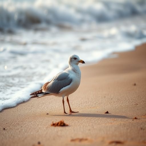 seagull standing on a sandy beach with waves crashing around it, captured with a DSLR camera, 50mm lens, aperture f/2.8, shutter speed 1/1000 sec, ISO 200, natural light, shallow depth of field, focus on the bird, soft bokeh background