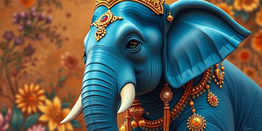 Create a highly detailed digital painting of a majestic blue elephant adorned with intricate golden jewelry and ornate decorations, placed against a richly textured, vibrant background featuring warm colors and floral elements; use a Canon EOS R5, 85mm lens, f/1.8 aperture, ISO 100, and shoot in soft natural light for enhanced clarity and depth.