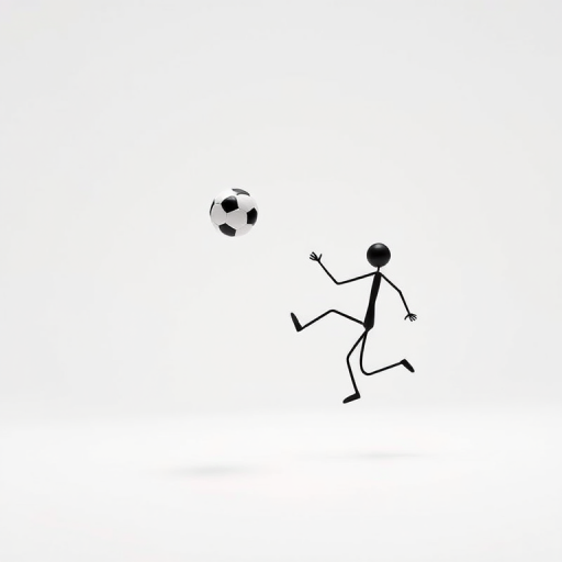 Create an image of a 3D stick figure juggling a soccer ball in a minimalistic white background, captured with a Canon EOS R5, 50mm f/1.2 lens, aperture at f/2.8, ISO 100, and 1/200 shutter speed, using a shallow depth of field for better focus on the figure.