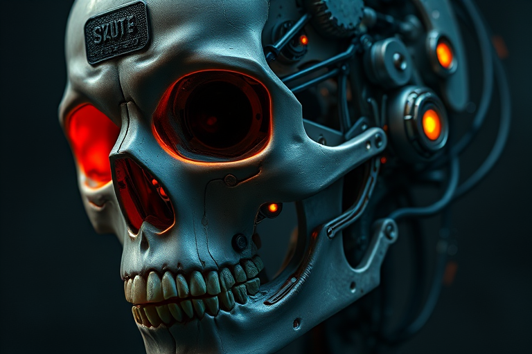 Create a highly detailed and hyper-realistic close-up of a cyborg skull with intricate mechanical components, glowing orange eyes, and a dark, moody background, using a DSLR camera with a 85mm lens at f/1.4, ISO 100, and a shutter speed of 1/200 sec.