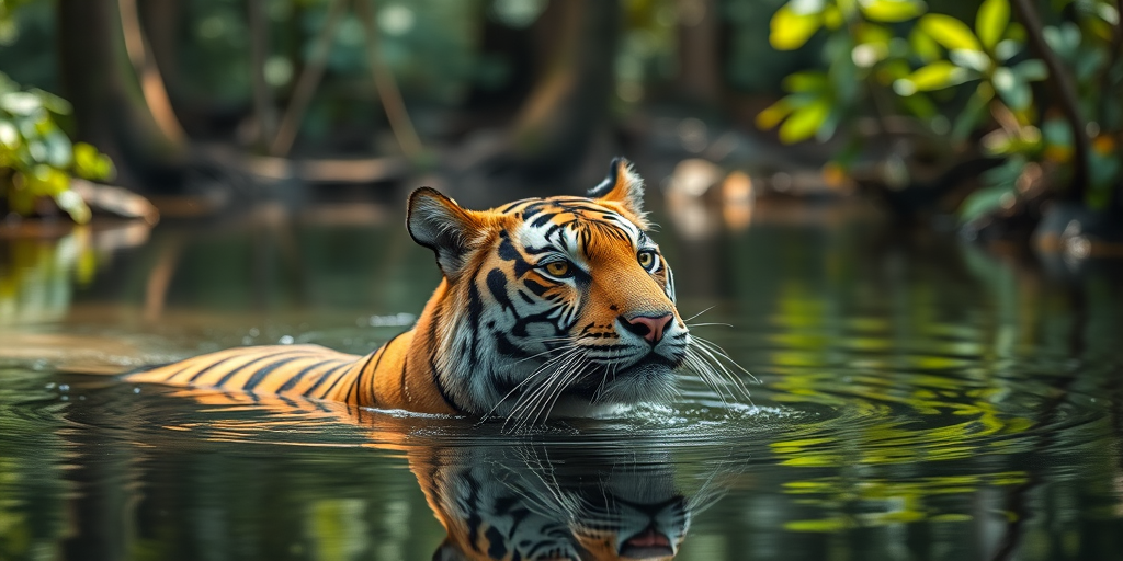 Create a high-resolution image of a tiger swimming in a serene forest pool, captured with a Canon EOS R5, using a 100mm f/2.8 macro lens, at ISO 200, f/4 aperture, and a shutter speed of 1/500 sec, with a shallow depth of field and natural light.