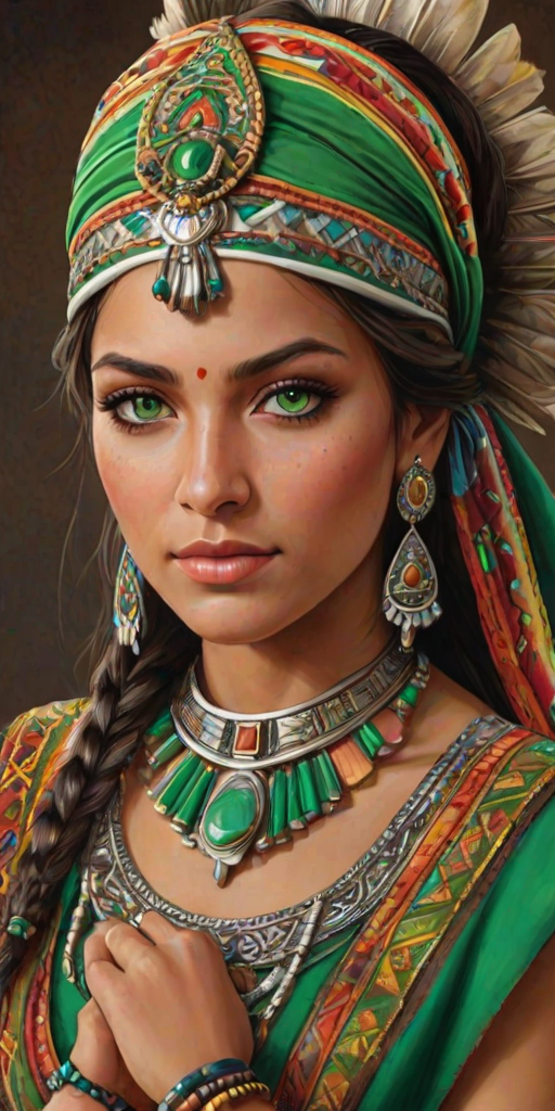 Create a portrait of a beautiful Aztec woman with striking green eyes and a gentle expression. She is adorned in traditional attire with intricate patterns, including a richly embroidered headscarf and matching garments. Her jewelry includes a delicate headpiece, dangling earrings, and ornate bracelets, all featuring vibrant gemstones and detailed metalwork. The background is soft and warm, enhancing the rich colors of her outfit and jewelry.