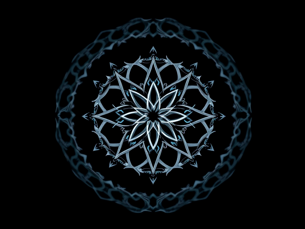 Create an abstract image with a black background featuring a white, intricate geometric design at the center, shot with a Canon EOS 5D Mark IV at f/8, ISO 100, 1/200s, using a macro lens for enhanced detail, high dynamic range, and top-down view for depth.