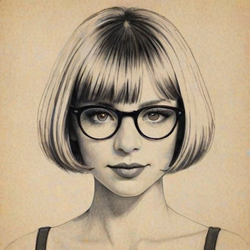 Enticing Sia, pencil sketch, portrait of Pleasing woman 1926s in glasses, hair style beatnik, outline, clear lines, fine lines, 8k