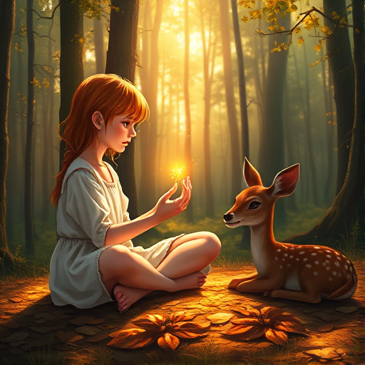 A luminous digital painting of a serene forest scene featuring a barefoot young female, about 7 years old, with orange hair and fair skin, dressed in a simple white outfit. He sits cross-legged on the forest floor, gazing at a small, glowing, magical firefly in his hand. Beside him, a delicate spotted deer lies calmly on a bed of dried leaves, observing the scene. The dense forest is bathed in warm, golden light filtering through the trees, creating a peaceful, magical atmosphere with a blend of natural and mystical elements.