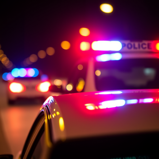 Generate a high-resolution image of a police car with flashing red and blue lights at night using a DSLR camera, 50mm lens, f/1.8 aperture, ISO 200, and a shallow depth of field for enhanced bokeh effect.