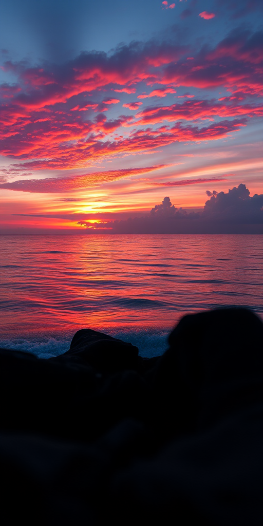 Create a high-resolution image of a beautiful sunset with vibrant colors reflecting on a calm ocean, shot with a Canon EOS R5 using a 24-70mm f/2.8 lens at f/8, ISO 100, and a shutter speed of 1/200 sec from a low angle view to capture the foreground details.