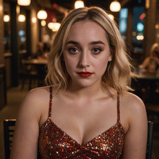 photo of woman:Harley Quinn Smith:0.4, highlight hair, sitting outside restaurant, wearing dress, rim lighting, studio lighting, looking at the camera, dslr, ultra quality, sharp focus, tack sharp, dof, film grain, Fujifilm XT3, crystal clear, 8K UHD, highly detailed glossy eyes, high detailed skin, skin pores