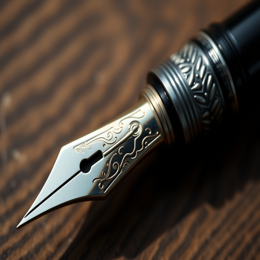Create a high-resolution image of a vintage fountain pen with intricate details, using a DSLR camera at f/2.8, ISO 100, shutter speed 1/125 sec, 50mm lens for a shallow depth of field, with a top-down view and natural lighting for enhanced clarity and contrast.