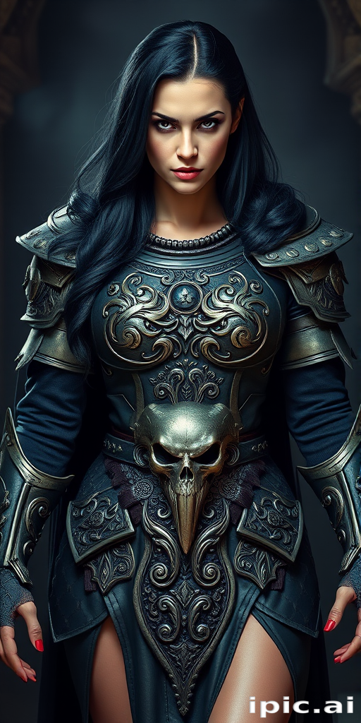Create a photo of a fierce female warrior with long black hair, wearing an ornate, metallic armor. The armor includes a breastplate with intricate designs, shoulder guards, and gauntlets. The breastplate is decorated with a central emblem, possibly representing a mythical symbol, and has a sculpted, form-fitting design. She wears a belt with a large skull ornament at the center, and her armor extends into a partial skirt, revealing one leg. The overall look is both protective and stylish, with a dark, gothic aesthetic. The background is dimly lit, suggesting a medieval or fantasy setting, enhancing the warrior's imposing presence and intense expression.