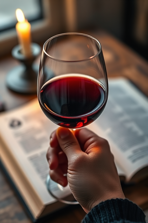 Close-up of a hand holding a glass of red wine, soft candlelight illuminating the glass, with a rustic wooden table and an open book softly blurred in the background.