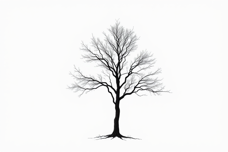 Create a detailed minimalist illustration of a single black tree on a white background, using a DSLR camera with a 50mm lens at f/1.8, ISO 100, and a shutter speed of 1/200 sec, shooting from a slightly low angle for enhanced depth.
