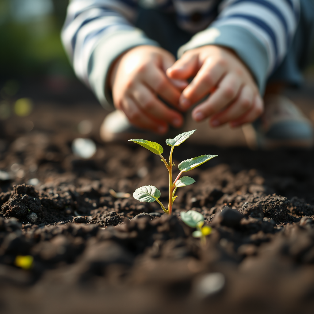 A child planting a small seedling in rich dark soil, captured from a low angle with soft focus on the background, using a shallow depth of field (f/2.8), 50mm lens, natural lighting, and a DSLR camera for enhanced detail.